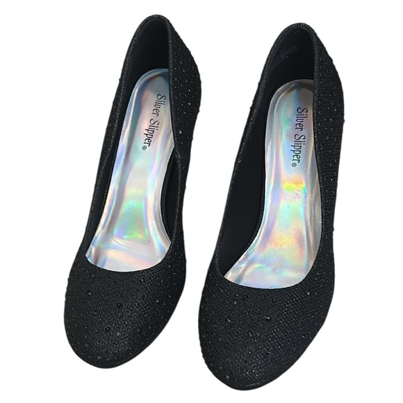 Silver Slippers Sparkly Black Heels – Size 9W 4” Heel – Elegant & Eye-Catching - Picture 5 of 5